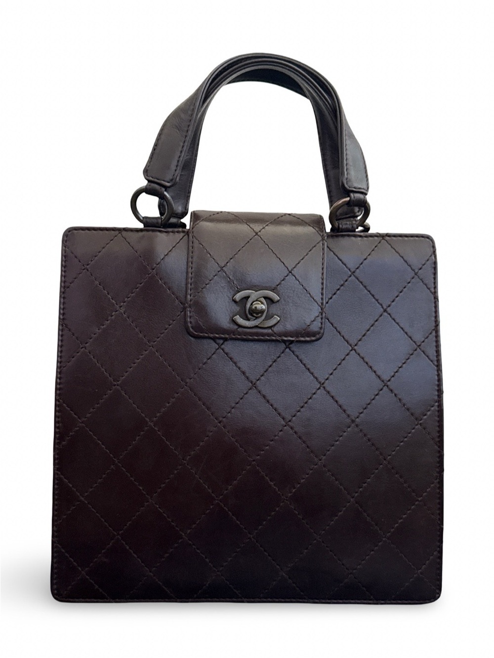 CHANEL Dark Brown Quilted Calf Leather Top-Handle Tote